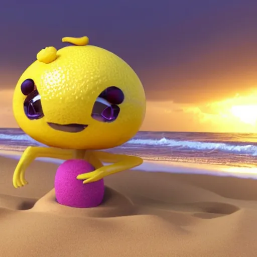 Prompt: 3 d octane render, of a hot anthropomorphic lemon female character inspired by dalle 2 generations, with lemon skin texture, she is wearing a hat, building a sandcastle on the beach at sunset, beach, huge waves, sun, clouds, long violet and green trees, rim light, cinematic photography, professional, sand, sandcastle, volumetric lightening
