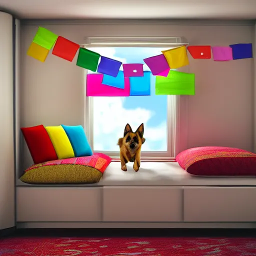 Image similar to eye - level view, in a child's bedroom filled with toys there is a bed under a window. a colorful comforter is on the bed. a super cute gsd puppy runs and jumps and plays on the bed. hilarious, funny, back to school comedy, cg animation, 3 d octane render, imax 7 0 mm,