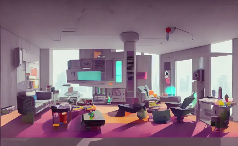 Image similar to Interior shot of a futuristic brutalist studio apartment with computers and colourful furniture by Petros Afshar and Beeple, James Gilleard, Mark Ryden, Wolfgang Lettl highly detailed