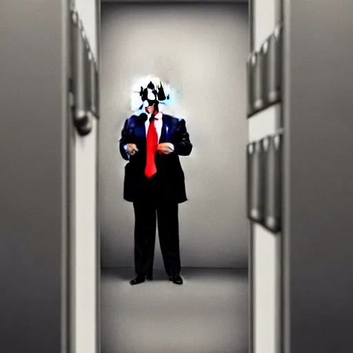 Prompt: an image of donald trump behind a jail cell, cinematic photography, detailed, winning art portrait