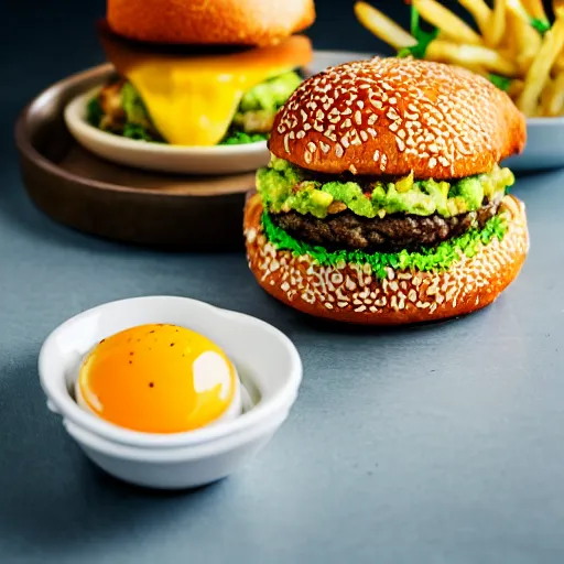 Image similar to a hamburger with guacamole topping and crispy fried onion topping and fried egg topping next to a bowl of french fries, crispy buns, 8 k resolution, studio lighting, sharp focus, hyper - detailed