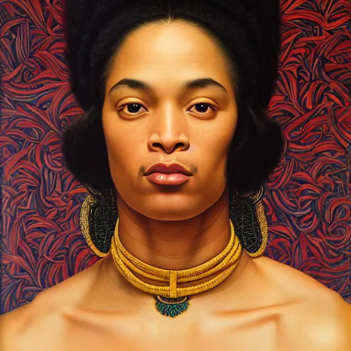 Image similar to A portrait of a thin trendy and gorgeous non-binary person, light skin tone, Maori people, oil painting by Kehinde Wiley, majestic, detailed, high resolution