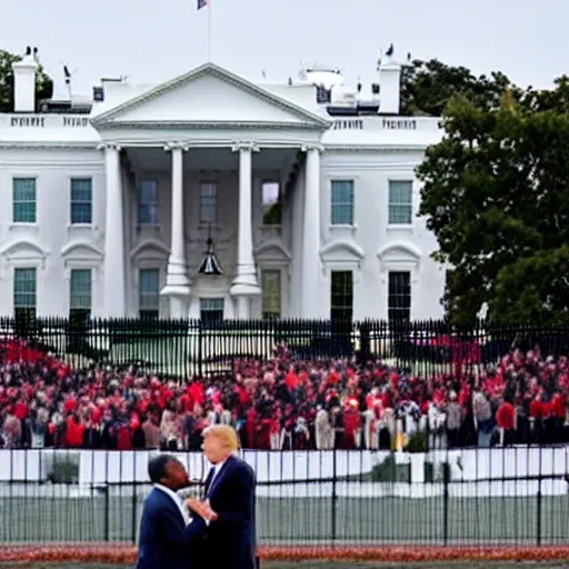 Prompt: Barack Obama and Donald trump kissing in front of the white house with fireworks going off in the background