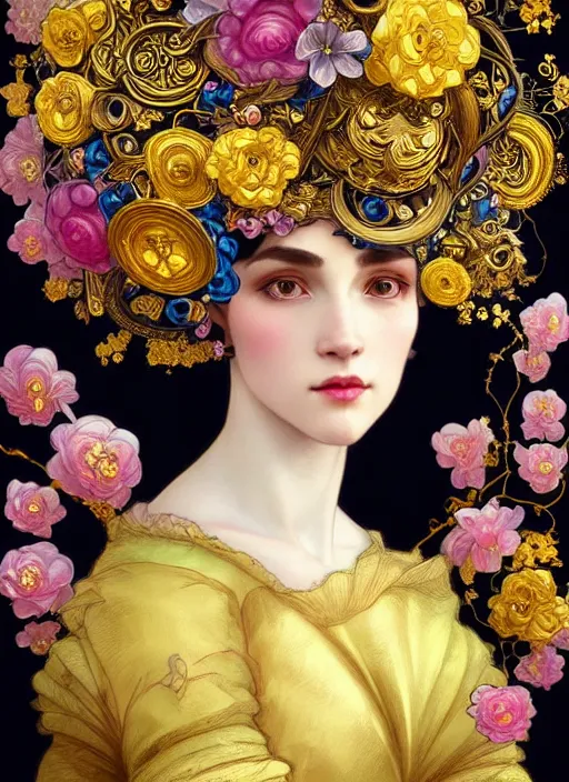 Prompt: beautiful black blue yellow, complicated gold and pink flowers in baroque style headwears, dark fantasy, intricate, elegant, highly detailed, digital painting, artstation, concept art, matte, 3 d 8 k octane rendered, sharp focus, illustration, octane rendered, art by artgerm and alphonse mucha, leesha hannigan