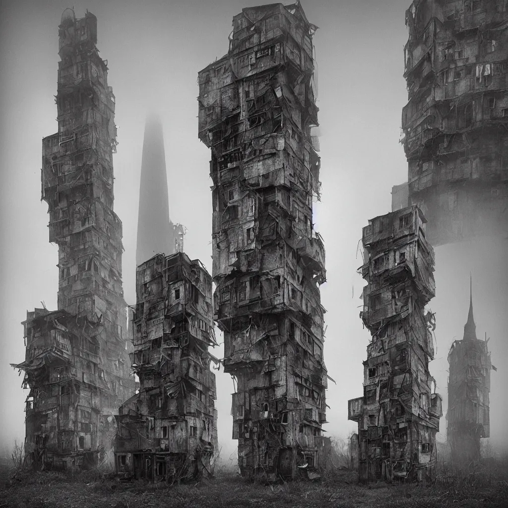 Image similar to two towers, made up of makeshift squatter shacks, misty, dystopia, mamiya rb 6 7, fully frontal view, very detailed, digital glitches, photographed by ansel adams