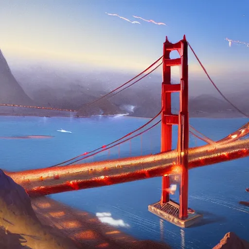 Prompt: isometric view of Golden Gate Bridge, digital art, realistic, ultradetailed, concept art, art by greg rutkowski and thomas kinkade, trending on artstation, devianart, cgsociety