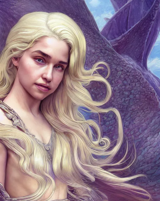 Image similar to closeup portrait of happy beautiful daenerys targaryen leaning against dragons, long blonde windblown hair and dragonskin armor, standing on a ledge of a mountain, glamour pose, detailed illustration, digital art, trending on artstation, soft ambient lighting, volumetric lighting, rim lighting, yoshitaka amano, daniel merriam, alphonse mucha, arney freytag