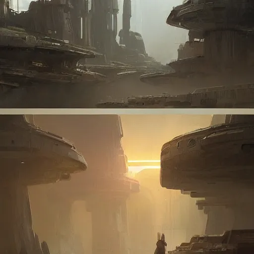 Image similar to star wars concept art by greg rutkowski, an urban landscape of buildings of ancient architecture, but huge and imposing in the middle of a temperate jungle, cinematic lighting, dawn light, nostalgic atmosphere.