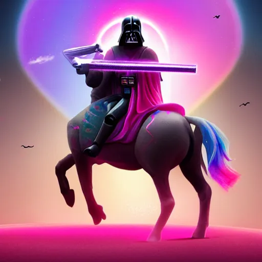 Image similar to beautiful matte painting, rainbow colored pink pink darth vader wearing pink wearing pink, riding a unicorn, riding a unicorn, riding a unicorn over a glittering rainbow in space by lisa frank and dan mumford, octane render, HDR, vivid color, volumetric lighting, unreal engine, concept art, CGsociety, trending on artstation