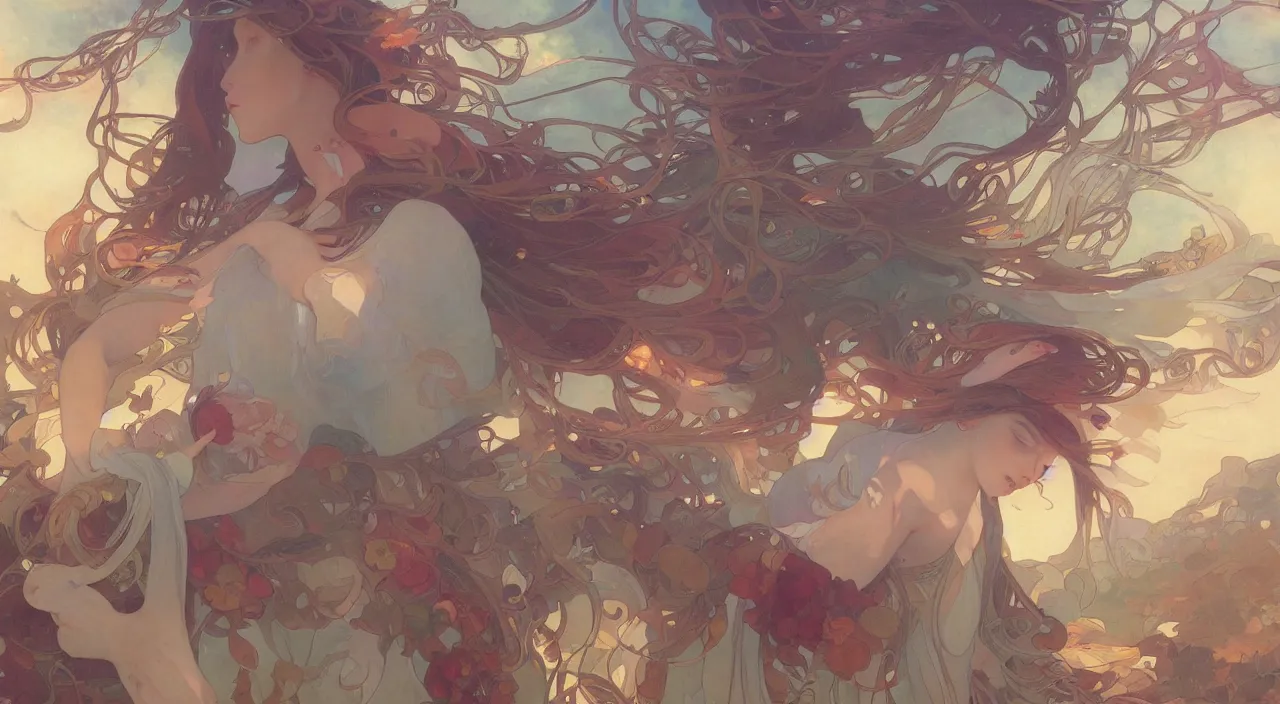 Image similar to A beautiful landscape painting of the future by Alfons Maria Mucha and Julie Dillon and Makoto Shinkai