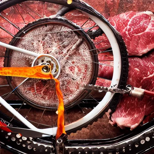 Image similar to bicycle constructed of beef, glistening meat and oily metal, pulsating, carnivorous,mechanical, tires, ribeye, hungry, in food photography style, high resolution detail,