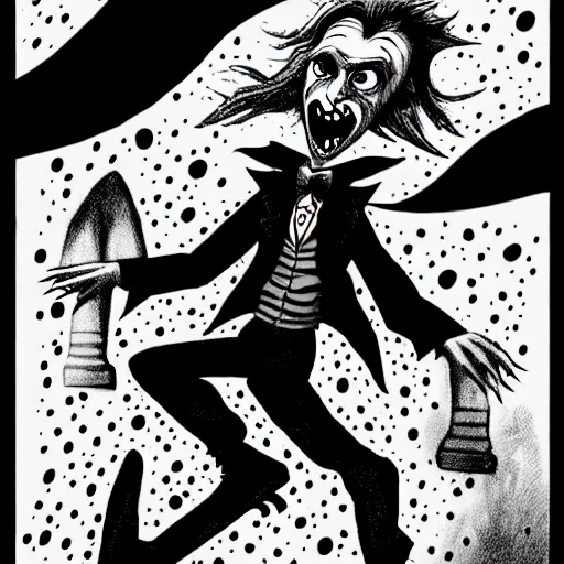 Image similar to black and white trippy surreal comic art of dracula the vampire vampire vampire roller skating on roller skates, drawn by martin rowson, tim burton, alex pardee, nekro petros afshar, james mcdermott, cgsociety 4 k