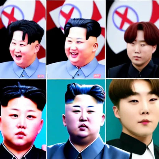 Image similar to kim jong un in bts kpop group, 4 k, high resolution, still, landscape, hd, dslr, hyper realistic