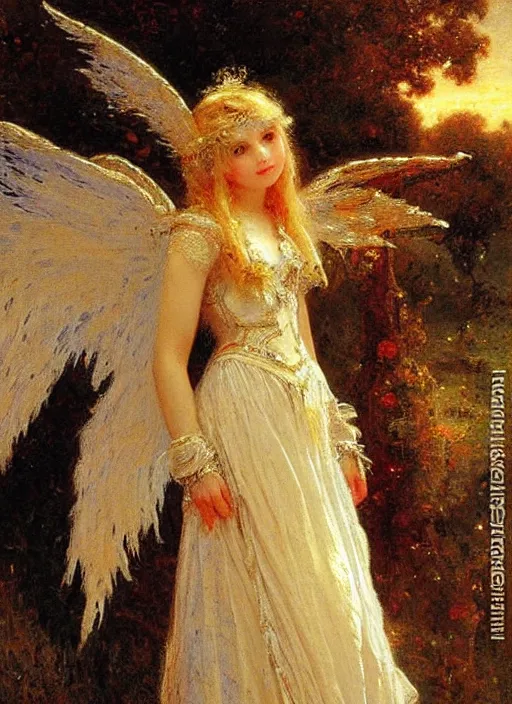 Prompt: vertical prtrait of an angel knight gothic girl, baroque dress. by gaston bussiere