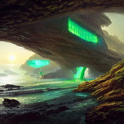 Prompt: a scary glowing green scifi portal to another world in darwin's arch, ocean and rock landscape, science fiction, intricate, elegant, highly detailed, digital painting, artstation, concept art, matte, sharp focus, illustration, art by greg rutkowski and rembrandt