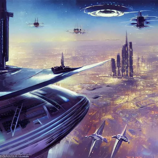 Image similar to gorgeous sci fi imagery | landing spot | space and city flying craft | futuristic | beautiful couple in the foreground heading to their hovering transport | futurism | modern couple | futuristic cityscape in the background | medium angle | by john berkey, greg rutkowski, james gurney