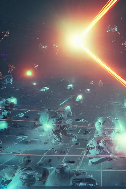 Image similar to wide view of a dozen futuristic spacemen firing lasers, zero gravity, floating, in space, bright, hiding behind obstacles, surrounded by a laser grid, stars visible, unreal engine, lensflares, low perspective, fish eye