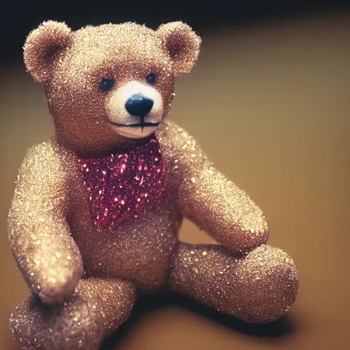 Image similar to a teddy bear made out of glitter and stardust, ultra detailed, cinestill 8 0 0