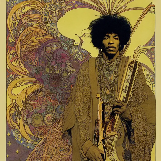 Image similar to artwork by Franklin Booth and Alphonse Mucha and Edmund Dulac showing a portrait of Jimi Hendrix as a futuristic space shaman, futuristic electric guitar