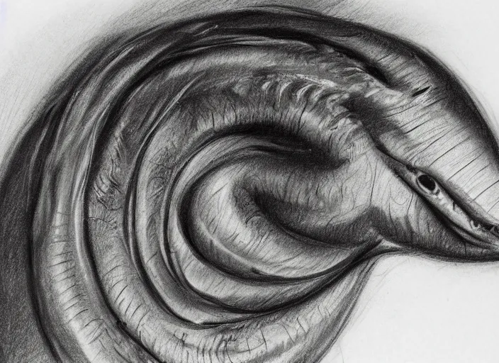 Image similar to detailed charcoal sketch of an eel, some edges lost, subtle, beautiful epic sketch, light and medium values, clean elegant and refined sketch, equal focus of attention throughout