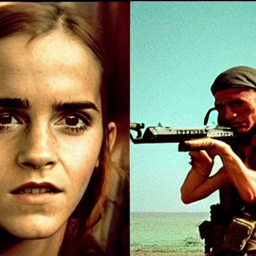 Image similar to film still, extreme far view, emma watson vietnam door gunner, film still from apocalypse now ( 1 9 7 9 ), 2 6 mm, kodak ektachrome, blue tint expired film,