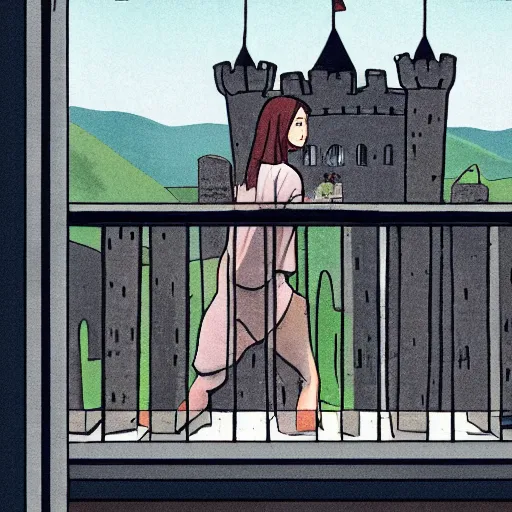 Image similar to A illustration of Max Caulfield on the balcony of a castle