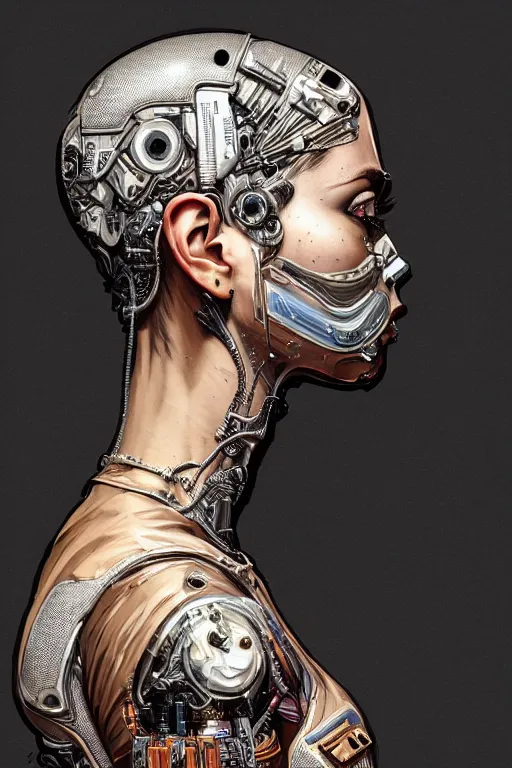 Image similar to sideview waist up portrait of beautiful cyborg woman by sandra chevrier laurie greasley gustave dore, cybernetics, low contrast, cinematic dramatic lighting, hyper realistic detailed intricate render, hypermaximalist, ornate, epic composition, 4 k 8 k, cryengine octane, sharp focus, concept art, masterpiece