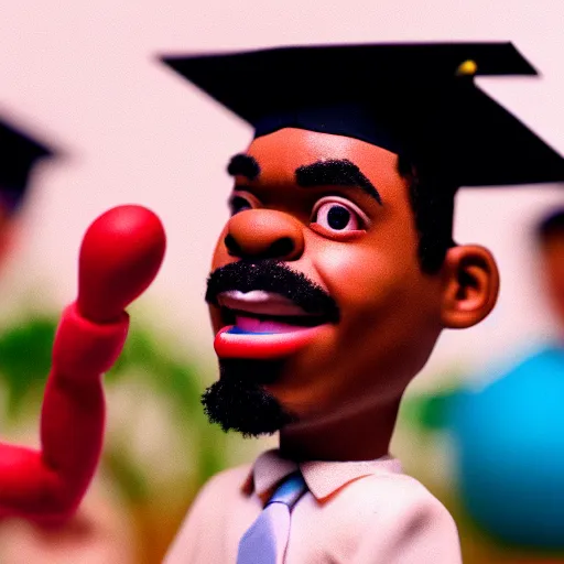 Image similar to a cinematic film still of a claymation stop motion film starring chance the rapper as a college student, shallow depth of field, 8 0 mm, f 1. 8