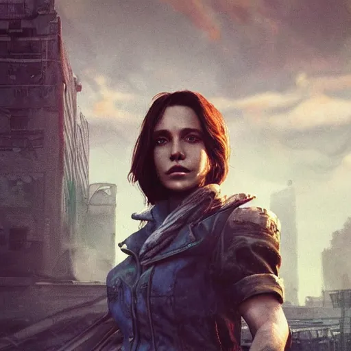 Prompt: fallout 5, charismatic beautiful rugged brunette female protagonist, portrait, outdoors ruined cityscape, atmospheric lighting, painted, intricate, volumetric lighting, beautiful, daytime, sunny weather, few clouds, sharp focus, deep colours, ultra detailed, by leesha hannigan, ross tran, thierry doizon, kai carpenter, ignacio fernandez rios