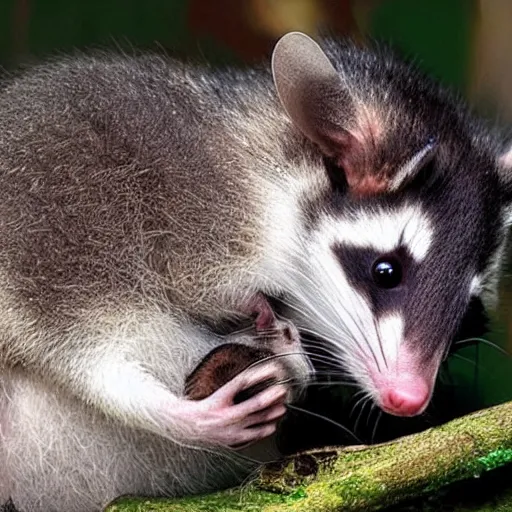 Prompt: An opossum and an american Raccoon hugging, cute photograph