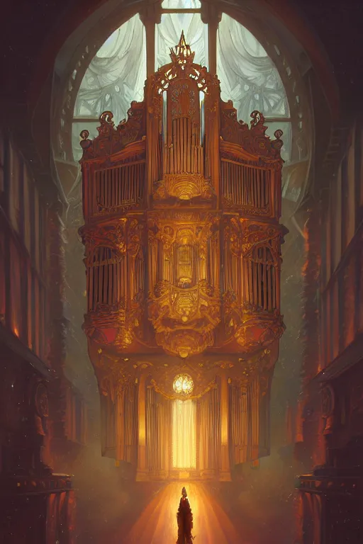 Image similar to painting of a pipe organ in front of a dimensional portal, decorated, intricate, dieselpunk, digital painting, artstation, concept art, smooth, sharp focus, illustration, art by artgerm and greg rutkowski and alphonse mucha, 8 k
