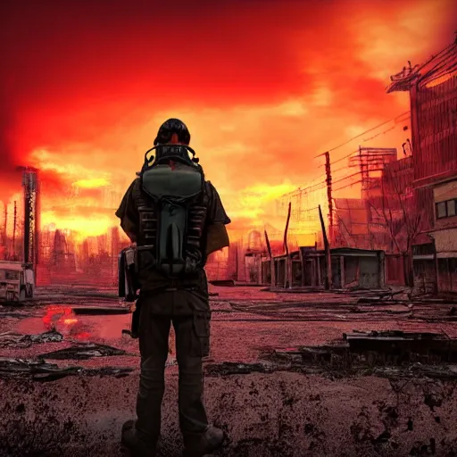 Prompt: stalker standing in front of a post apocalyptic city with burning red sky