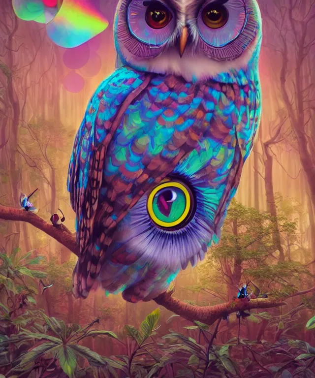 Image similar to a single realistic owl, flying in a psychedelic forest, wide angle landscape shot, pixar style by tristan eaton, artgerm and tom bagshaw