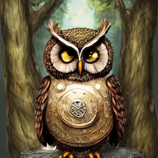 Image similar to A detailed, highly realistic anthropomorphic owl with a viking helmet and round shield standing in front of a tree, an anthropomorphic owl with a fluffy face wearing armor in front of a tree, digital art, artstation