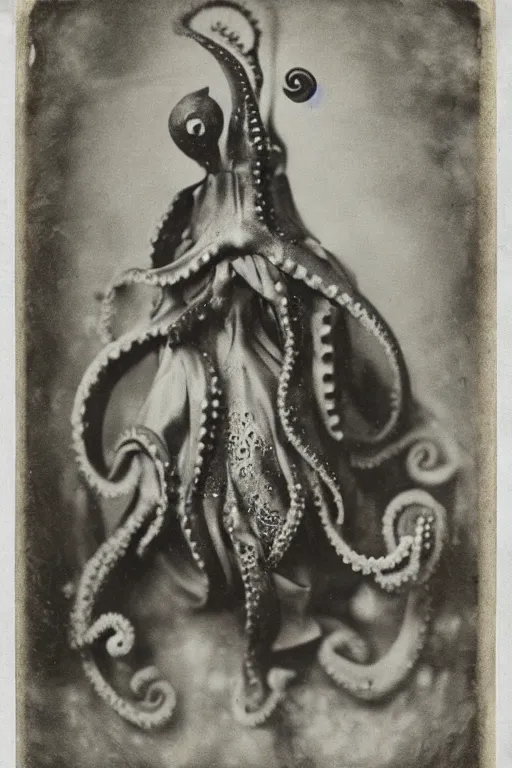 Image similar to a wet plate photo of an anthropomorphic octopus dressed as pope