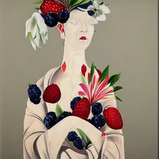 Image similar to “art in an Australian artist’s apartment, portrait of a woman wearing stained white cotton cloth, stained by fresh raspberries and strawberries and blueberries, white wax, edible flowers, Japanese pottery, Australian native white and red flowers ikebana, black walls, acrylic and spray paint and oilstick on canvas”