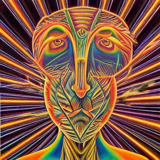 Image similar to cat having an ego trip, by alex grey