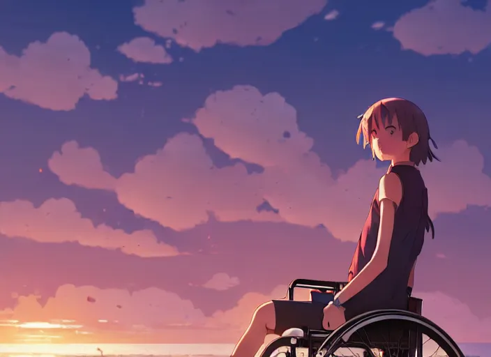 Prompt: girl on wheelchair is gently pushed by a man, sunset sky in background, beach landscape, illustration concept art anime key visual trending pixiv fanbox by wlop and greg rutkowski and makoto shinkai and studio ghibli and kyoto animation, symmetrical facial features, modern days, daily clothing, backlit