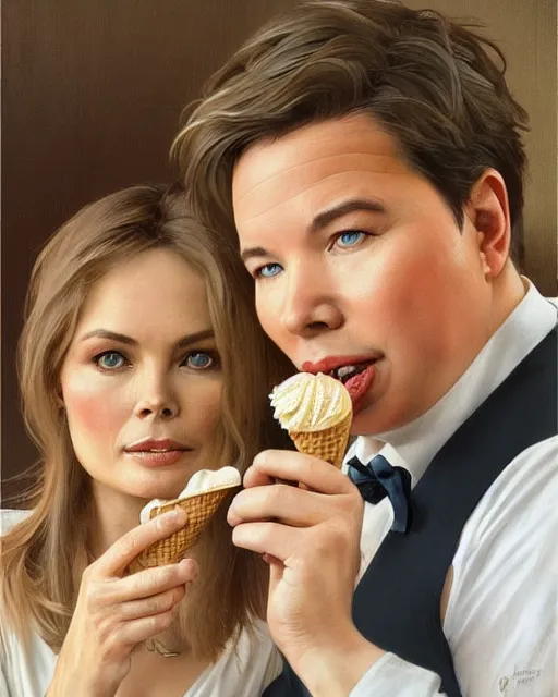 Prompt: Portrait of Michael Mcintyre & a blonde Barbara Bach from the bond film eating ice creams in Porto,real life skin, intricate, elegant, highly detailed, artstation, concept art, smooth, sharp focus, art by artgerm and greg rutkowski and alphonse mucha