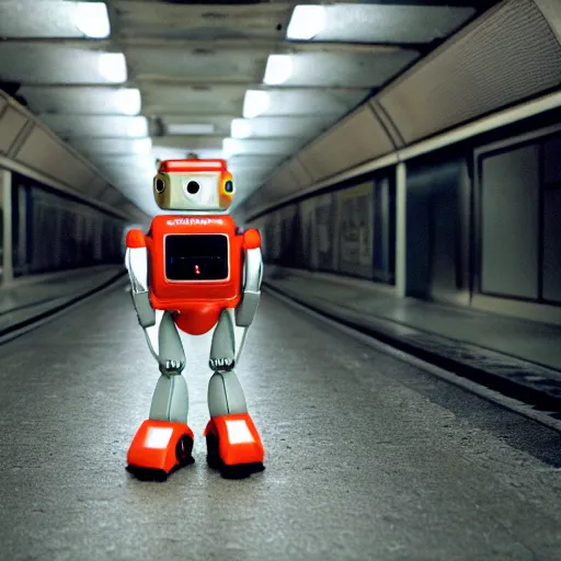 Prompt: fujifilm superia photo of uncanny valley tiny robot, in the empty london underground, dirty, grainy, liminal