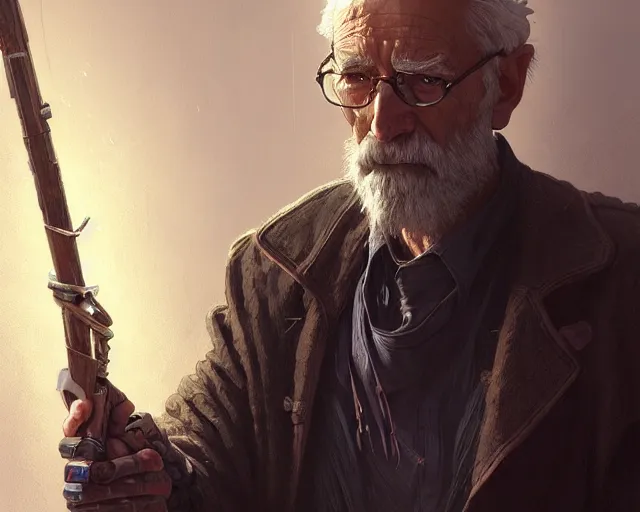 Prompt: old man with cyberpunk walking stick, deep focus, d & d, fantasy, intricate, elegant, highly detailed, digital painting, artstation, concept art, matte, sharp focus, illustration, hearthstone, art by artgerm and greg rutkowski and alphonse mucha