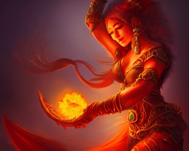 Prompt: fire dancer, deep focus, d & d, fantasy, intricate, elegant, highly detailed, digital painting, artstation, concept art, matte, sharp focus, illustration, hearthstone,