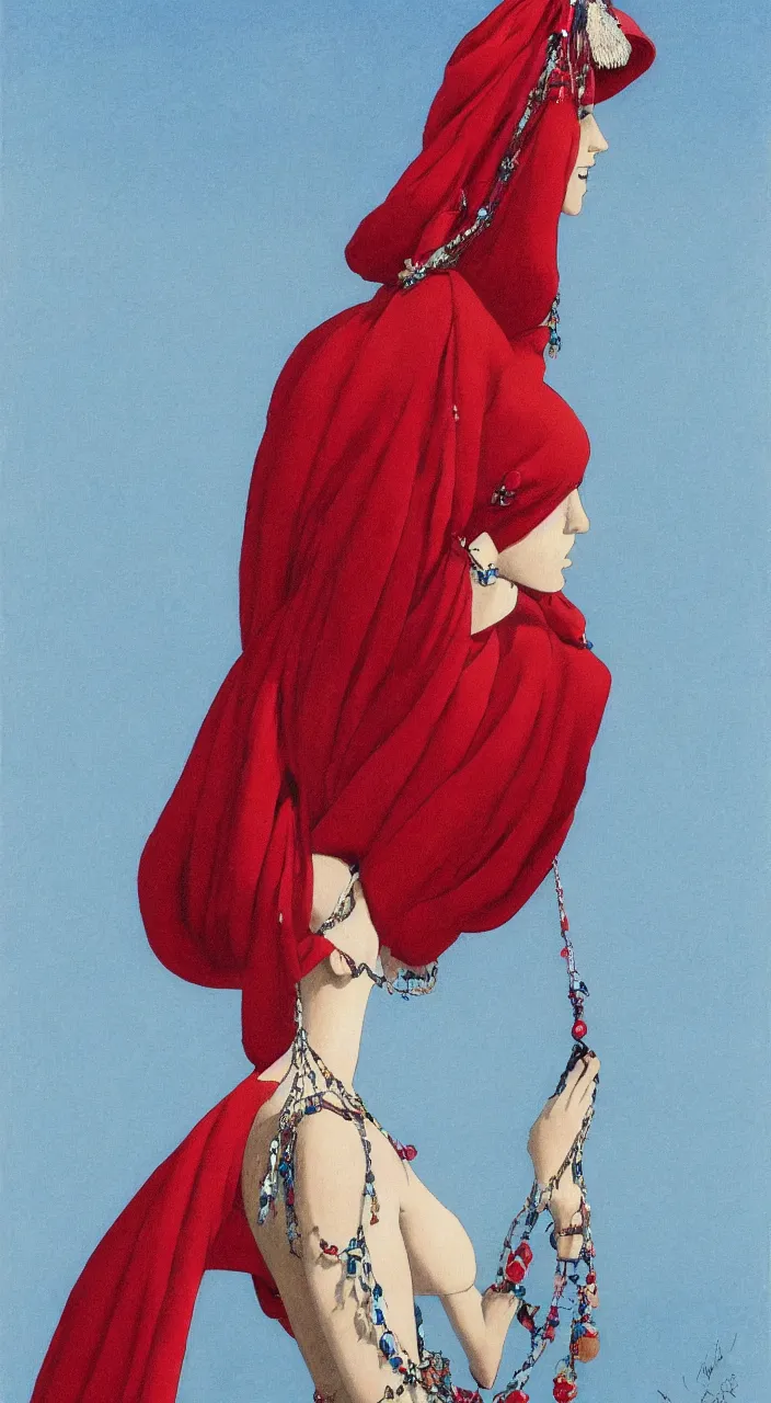 Image similar to a female character design wearing high fashion, beads hanging over her face like an alexander mcqueen headdress, haute couture, dior, and a red cape by kawase hasui, moebius, edward hopper and james gilleard, zdzislaw beksinski, steven outram colorful, hd, 8 k, artstation, high quality, ultra detailed