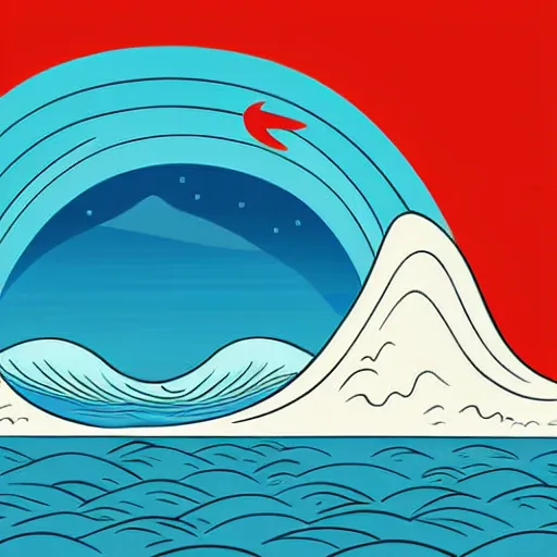 Image similar to giant tsunami wave that is 20 miles high, approaching about to crash into a small coastal town. miniature buildings compared to giant waves are so tall, they seem to touch the sky, large scale image, cartoon color drawing vector illustration, 2d photorealistic flat anime style