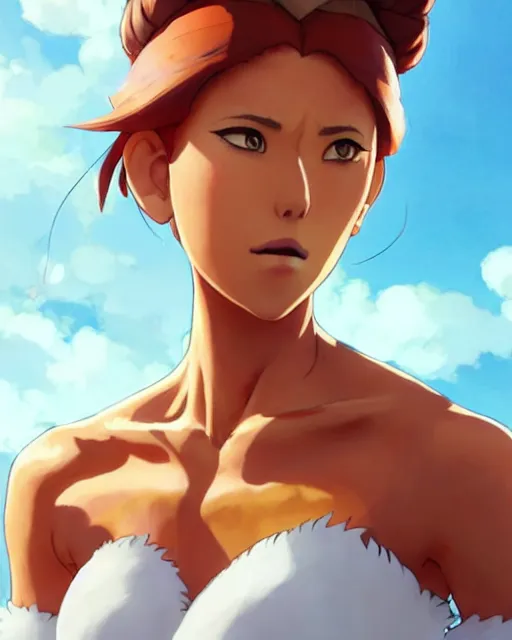 Image similar to ginger tanned woman in a prehistoric outfit, by artgerm, hair tied in a ponytail, white background, by studio muti, greg rutkowski makoto shinkai takashi takeuchi studio ghibli