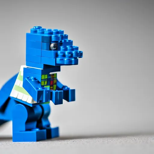 Image similar to lego mini build of a blue dancing dinosaur, product photography, depth of field