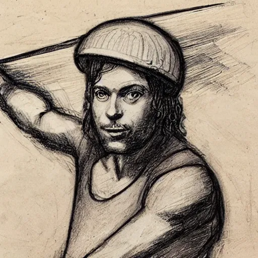 Prompt: luis vaz de camoes skateboarding, sketched by leonardo da vinci