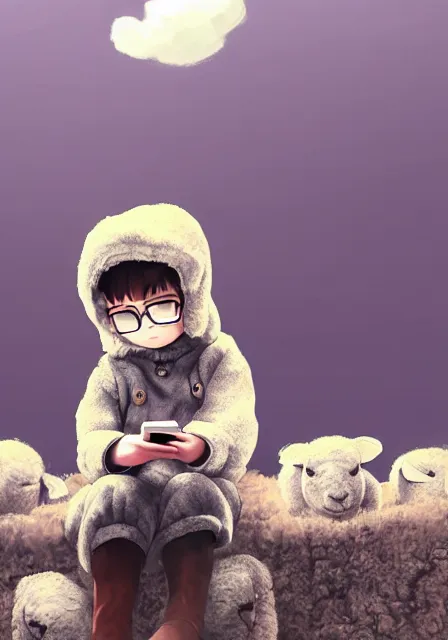 Image similar to beautiful little boy wearing sheep suit using a smartphone while sitting on chair, gray, blue, green and brown pallet color. made in abyss art style, inspired in kris from deltarrune, cute detailed artwork, anatomically correct, soft details, ilya kuvshinov, reflection, perfect composition, mobile wallpaper