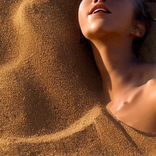 Prompt: A beautiful woman made of sand, blowing away in the wind, high definition photography, professional