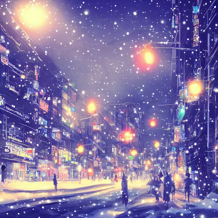 Image similar to anime - styled illustration of tokyo with many lights and lens flares, snowy winter christmas night